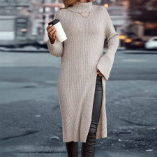 High Collar Sweater Solid Split Midi Dress GDAM-7201