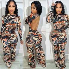 Fashion Print Backless Wide Leg Jumpsuit GDIM-2432