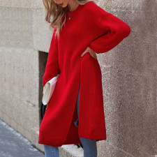 Long Sleeve Loose Sweater Split Midi Dress GDAM-7205