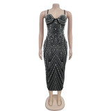 Hot Drill Sleeveless Deep V Neck Long Dress BY-7068