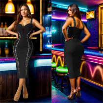 Sexy Sling Hot Drill Splicing Midi Dress GFYX-7070