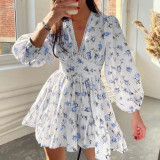 Plus Size Print V Neck Lace Mini Dress GHHE-8536