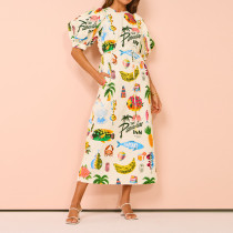 Plus Size Printed Bubble Sleeve Split Lace-Up Midi Dress GHHE-28067