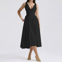 Plus Size V Neck Solid Color Midi Dress GHHE-28261