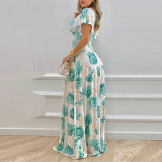 Plus Size Print V Neck Big Swing Maxi Dress GHHE-9040