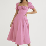 Plus Size Bubble Sleeve Lace-Up Slit Midi Dress GHHE-8141