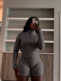 Solid Color Long Sleeve Tight Two Piece Shorts Set CH-24068