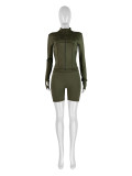 Solid Color Long Sleeve Tight Two Piece Shorts Set CH-24068