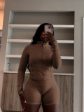 Solid Color Long Sleeve Tight Two Piece Shorts Set CH-24068