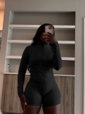 Solid Color Long Sleeve Tight Two Piece Shorts Set CH-24068