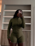Solid Color Long Sleeve Tight Two Piece Shorts Set CH-24068