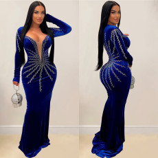 Solid Color Hot Drill Long Sleeve Maxi Dress BY-6827