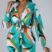 Plus Size Colorful Print Shirt Two Piece Shorts Set SFY-3005