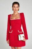 U-neck Long Sleeve Diamond-studded Mini Dress OD-8722