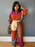 Color Block Long Sleeve Zipper Patchwork Pant Suit CH-24067