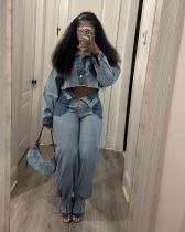Casual Color Block Denim 2 Piece Pants Set TR-1319
