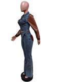 Fashion Denim Patchwork Leather Sleeve Pants Suit MEM-88611