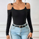Metallic Hook Long Sleeve Off Shoulder Knit Top GYSQ-CTDI0870