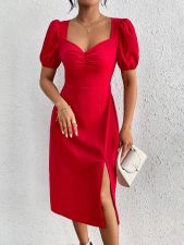 Short Sleeve Solid Color Pleated Midi Dress GYSQ-CDEA0920