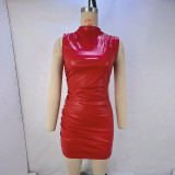 Sleeveless Pleated PU Leather Mini Dress GPBY-13711