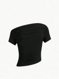 Slash Shoulder Short Sleeve Skinny Tops GYSQ-CTEA0340