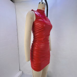 Sleeveless Pleated PU Leather Mini Dress GPBY-13711