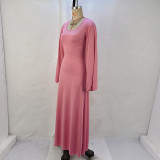 Loose U Neck Tie Up Long Sleeve Long Dress GPBY-14593