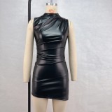 Sleeveless Pleated Irregular PU Leather Mini Dress GPBY-16356
