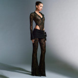 Lace Patchwork Deep V Neck Two Piece Pants Set GPBY-15117