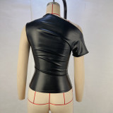 Slash Shoulder Patchwork PU Leather Top GPBY-15721