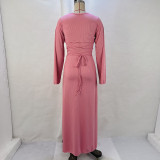 Loose U Neck Tie Up Long Sleeve Long Dress GPBY-14593