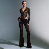 Lace Patchwork Deep V Neck Two Piece Pants Set GPBY-15117