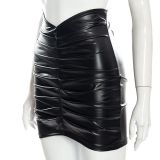 Solid Color Pleated PU Leather Mini Skirt GPBY-2113