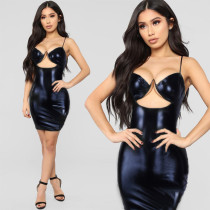 Sexy V Neck Sling PU Leather Mini Dress GPBY-1437