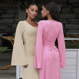 Loose U Neck Tie Up Long Sleeve Long Dress GPBY-14593