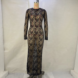 Lace See Through Long Sleeve Long Dress GPBY-39111