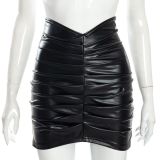 Solid Color Pleated PU Leather Mini Skirt GPBY-2113