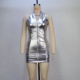 Zipper Halterneck Pleated Mini Dress GPBY-14481