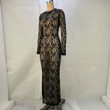 Lace See Through Long Sleeve Long Dress GPBY-39111