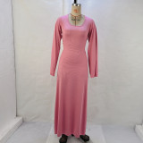 Loose U Neck Tie Up Long Sleeve Long Dress GPBY-14593