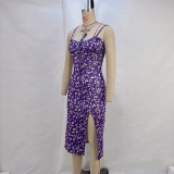 Halter Floral Print Split Midi Dress GPBY-14533