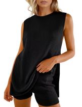 Solid Color Sleeveless Sweater Two Piece Shorts Set GMJL-MS003