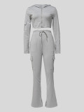 Solid Color Hooded Tops Flare Pants Sport Suit MIL-093