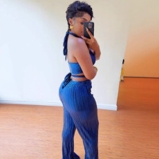Plus Size Pleated Halter Backless Hollow Out 2 Piece Set NY-3330