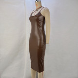 V Neck Slim Split Leather Midi Dress GPBY-1431