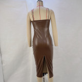 V Neck Slim Split Leather Midi Dress GPBY-1431