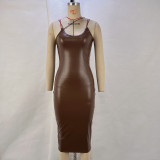 V Neck Slim Split Leather Midi Dress GPBY-1431