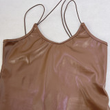V Neck Slim Split Leather Midi Dress GPBY-1431