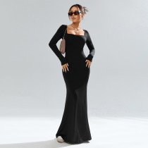 Square Neck Long Sleeve Knits Maxi Dress GYSQ-CDDI0150