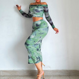 One Shoulder Print Long Sleeve Two Piece Skirts Set GPBY-14536